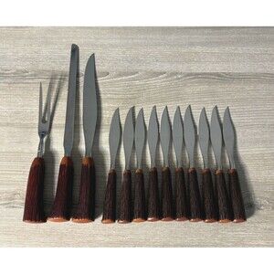Vintage Fleetwood Designer Stainless Faux Bone Wood Carving and Steak Knives Set